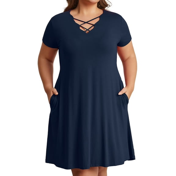 Cuteduck Womens Plus Size Dress Criss Cross V Neck Short Sleeve Summer Casual Dress 1X-5X