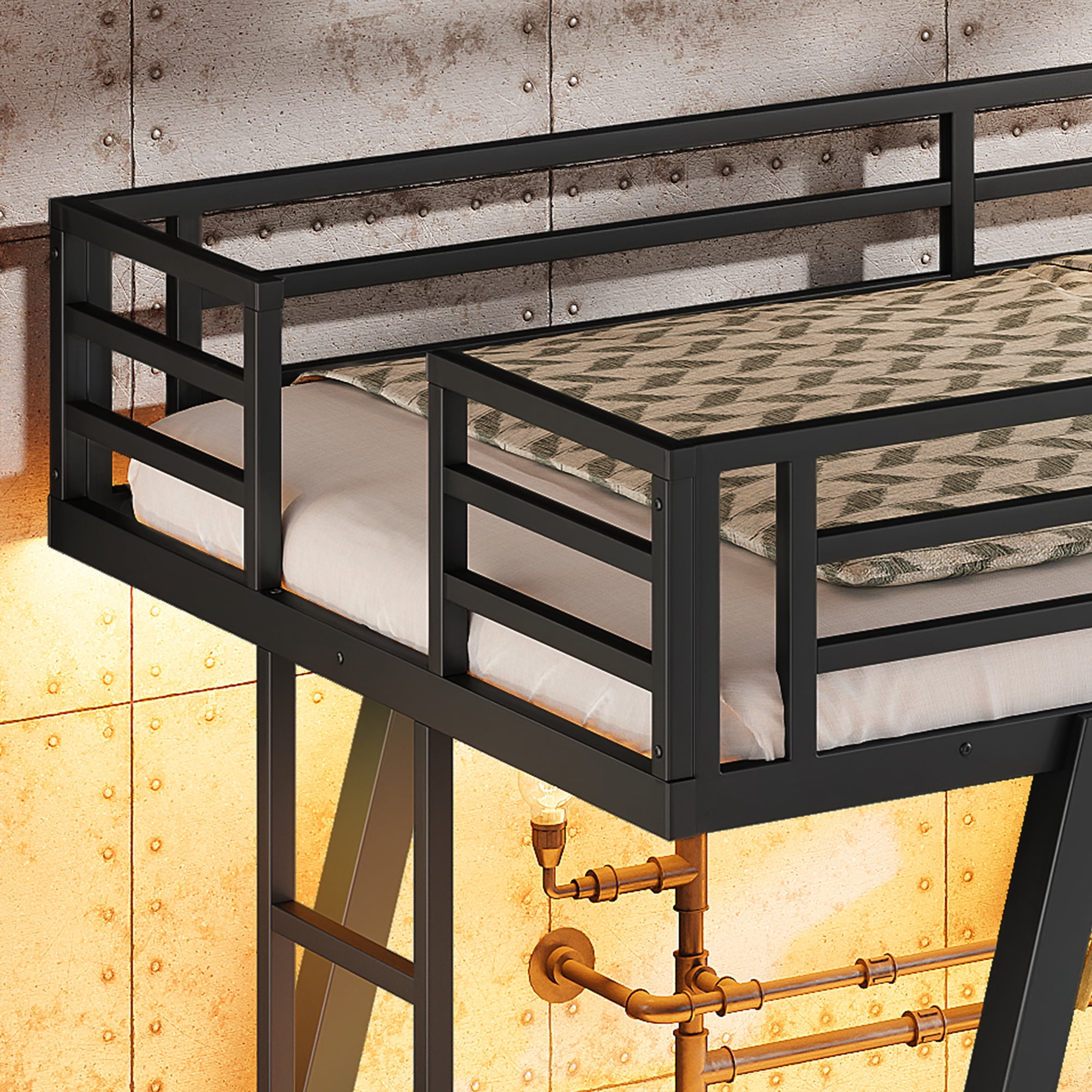 Leumius Twin XL over Twin XL Bunk Bed Frame with 2 Side Ladders, Metal Bunk Bed with Spdcial Support Leg Design and LED Light, Low Profile Bunk Bed for Teens Adults Black