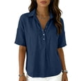 thumbnail image 6 of Nestiefly Women’s Cotton Linen Polo Shirt Casual Short Sleeve Summer Top Thin Short Sleeve Button Down Shirts Blouses 2026 Blue 2XL, 6 of 7