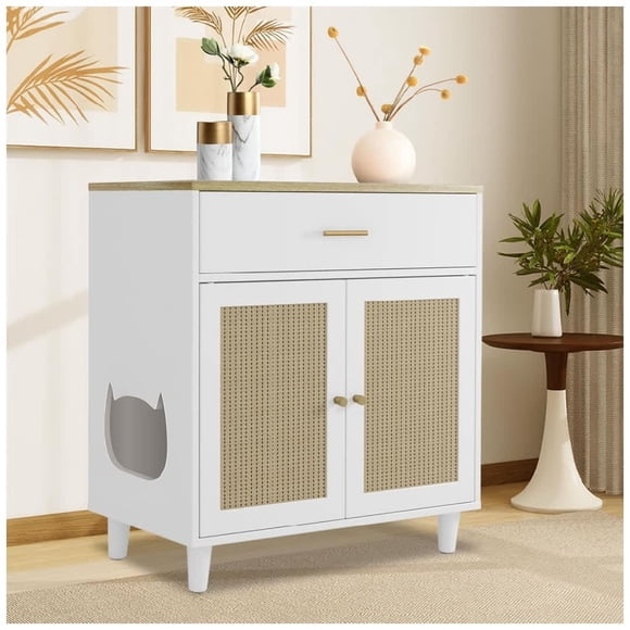 Qinaqin cm de Alturaidden Profundidad Madera Cat Litter Caja Enclosure Furniture Profundidadog Proof Gabinete con Cajón y Sisal Profundidadoors Blanco para Corner Use