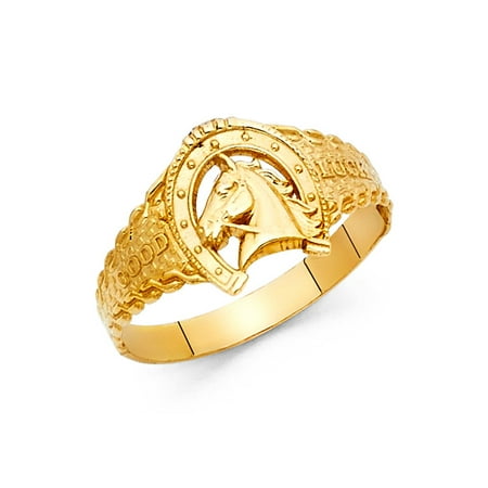 - Horseshoe Horse Head Good Luck Ring Solid 14k Yellow Gold Lucky Charm Band Polished Finish 11MM
