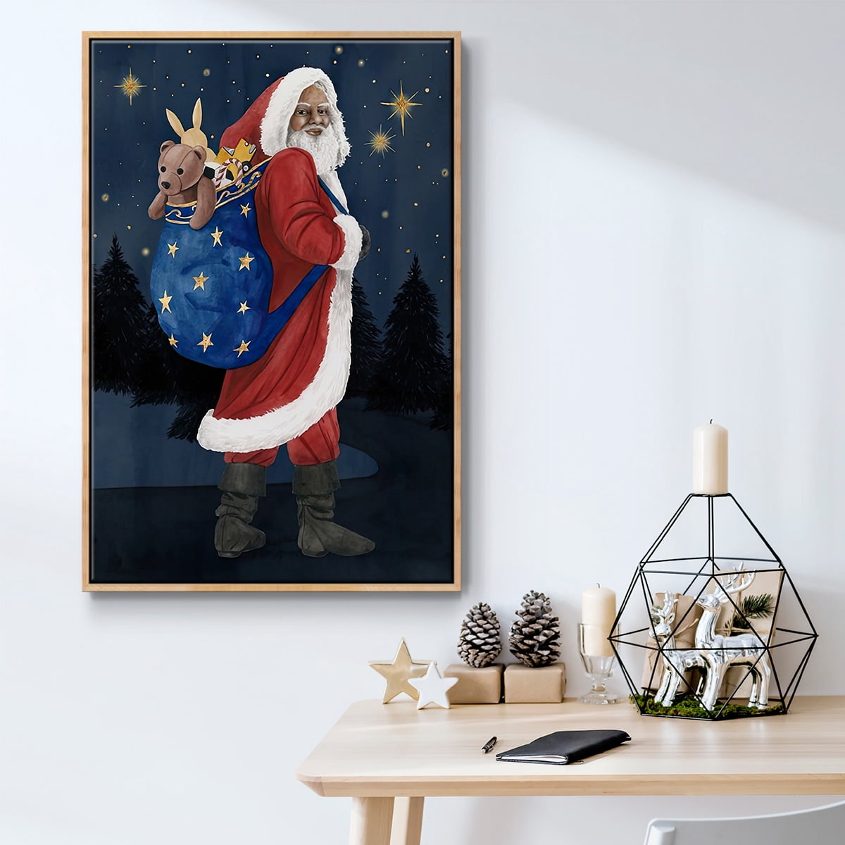 Celestial Christmas Collection B - Framed Gallery Wrapped Holiday Canvas - 17 x 25 - Natural Wood Frame