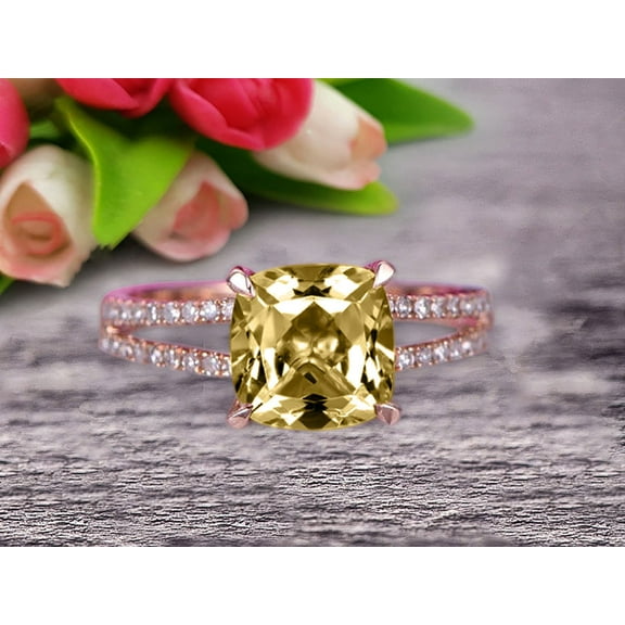 7mm Cushion Cut 2.05 Carat Champagne Diamond Moissanite Engagement Ring Promise Ring 10k Rose Gold Stacking Band Art Deco Anniversary Gift