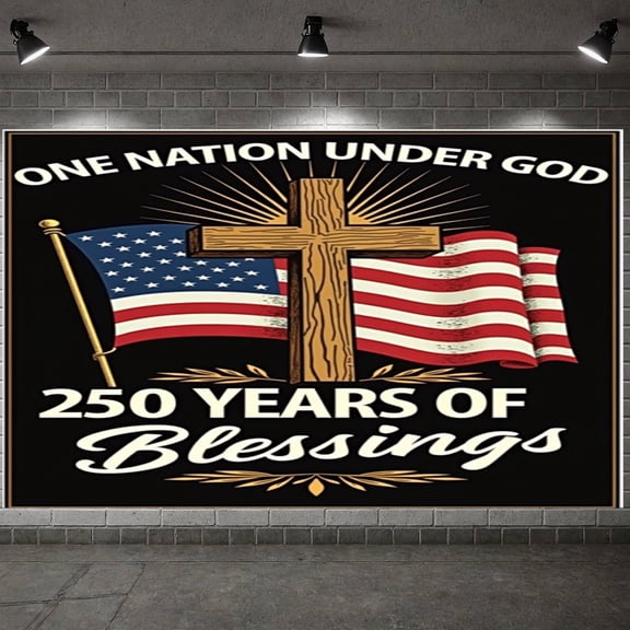 Cross Design Patriotic Banner American Flag Pattern Religious Backdrop Black Background Gold Accents American Blessing Background for Patriotic Celebrations Church Events 250th Anniversary Events