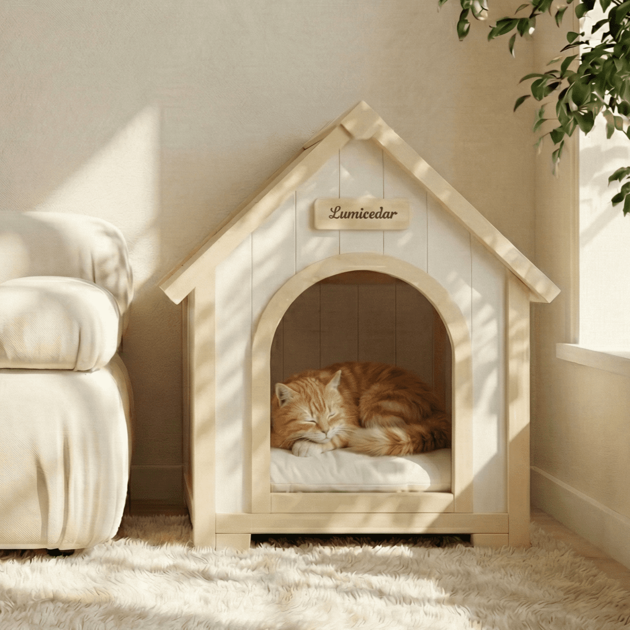 Modern Indoor Wooden Dog House Furniture-Grade FSC Solid Cedar Pet House with EVA Cushion A-Frame Nordic Design for Small Dogs & Cats