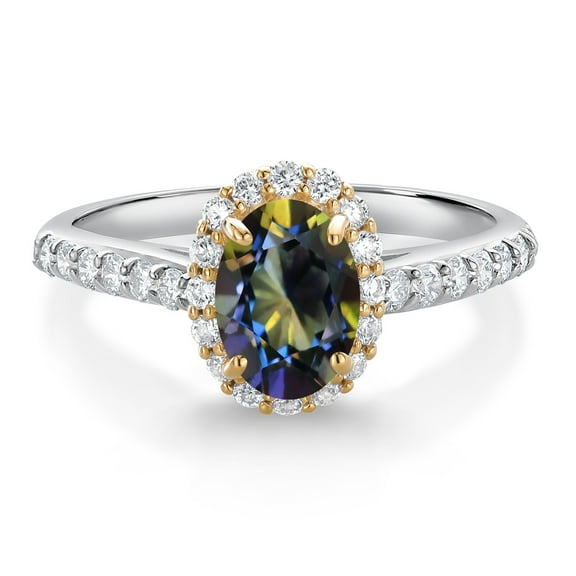 Gem Stone King 10K White Gold Blue Mystic Topaz White White Lab Grown Diamond Halo Engagement Ring for Women (1.26 Cttw, Oval 7X5MM, Gemstone, Size 5)