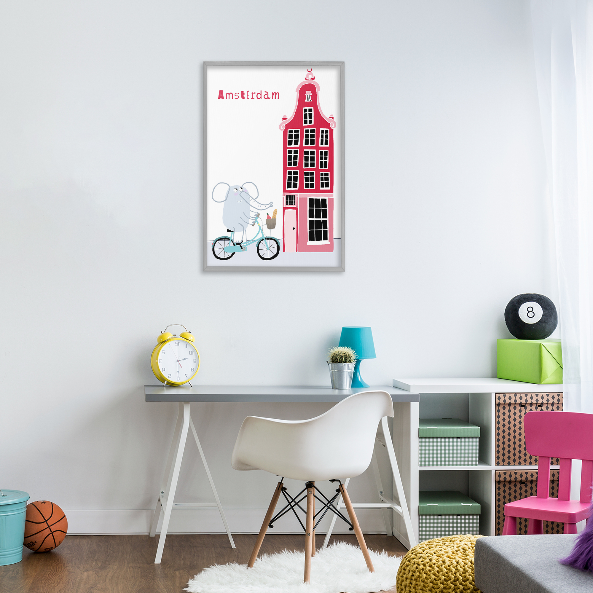 Elephant & Amsterdam Building Gray Framed Giclee Art, design by Carla Daly