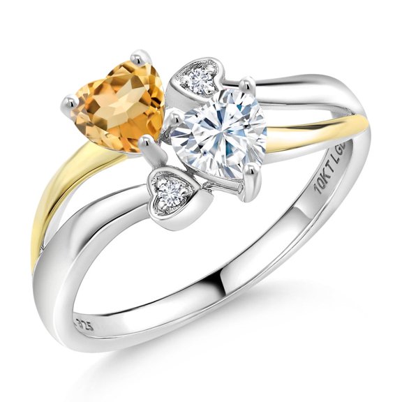 Gem Stone King 925 Silver and 10K Yellow Gold Yellow Citrine and White Moissanite and White Lab Grown Diamond Ring for Women (0.90 Cttw, November Birthstone, Heart Shape 5MM, Size 5)