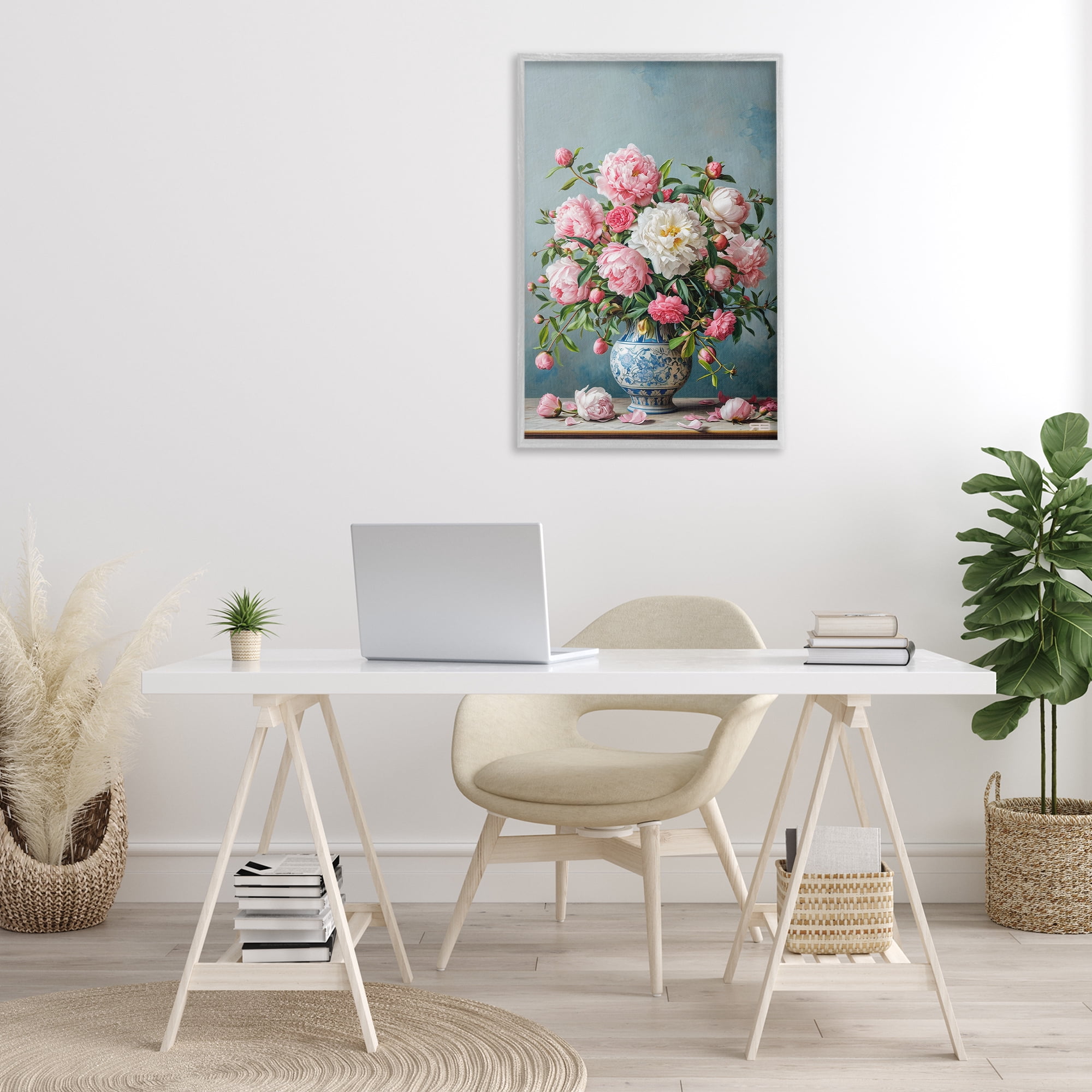 Stupell Industries Full Peonies Vase Botanical & Floral Painting Gray Framed Art Print Wall Art, 20 x 30