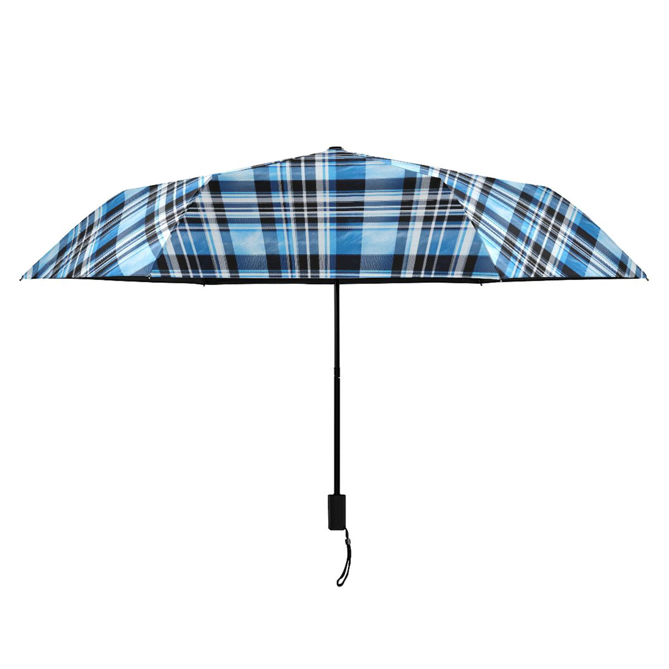 Blue and Black Plaid Compact Sun Umbrella Windproof Travel Umbrellas for Rain Strong Portable UV Protection
