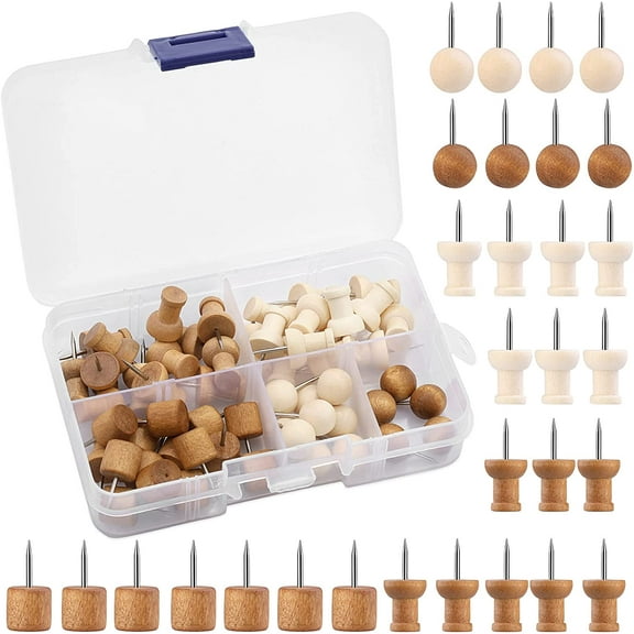 60 Pcs Wood Push Pins, 2 Colors and 5 Types Thumb Tacks Wooden Head Pin Wood Map Tacks Marking Pin, Wood Thumb Tacks for Bulletin Boards Craft Projects with Storage Box