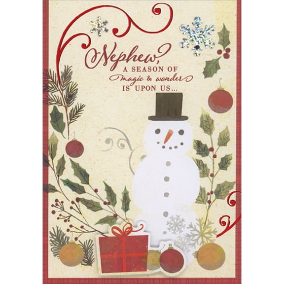 Designer Greetings Season of Magic and Wonder: Die Cut 3D Gift, Snowman, Holographic Foil Snowflakes Hand Decorated Christmas Card for Nephew
