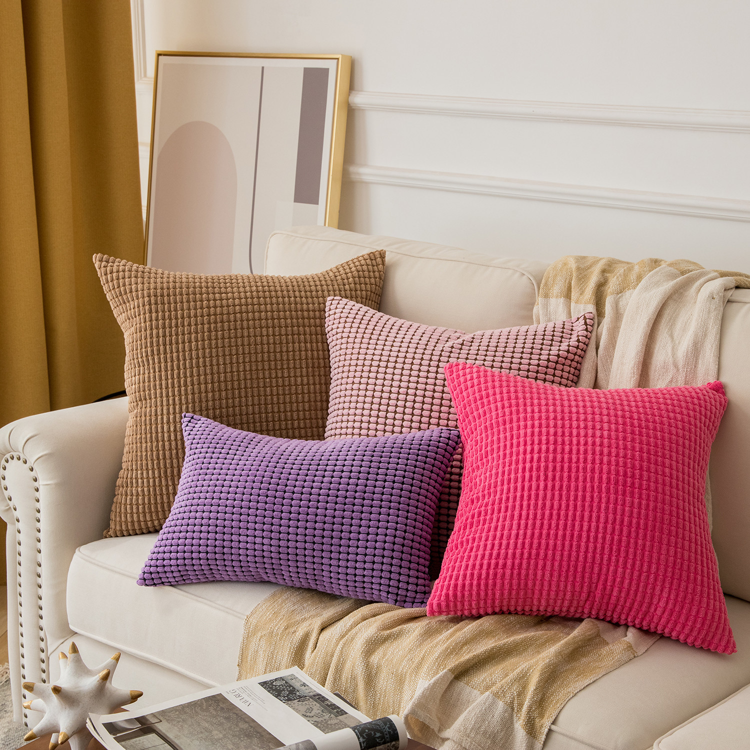 Soft Corduroy Corn Striped Velvet Series Decorative Throw Pillow, 22" x 22", Yellow, 2 Pack
