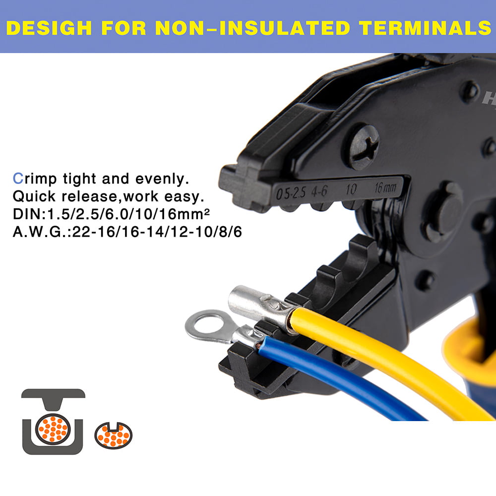 Non Insulated Terminal Crimper, AWG 22-6 Ratchet Wire Crimper Tool — IWISS  TOOLS