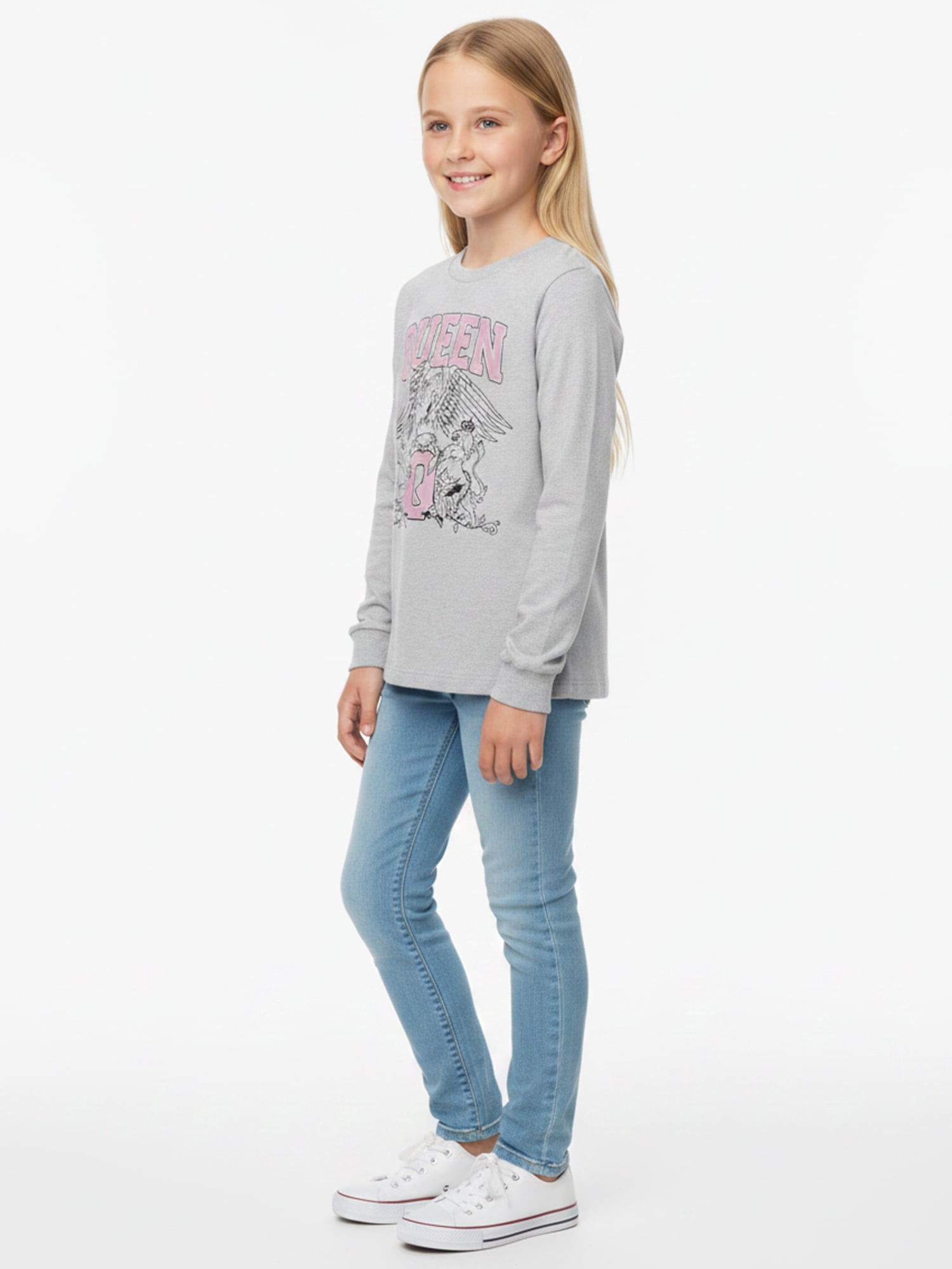 Wonder Nation Girls Graphic Queen Crest Tee with Long Sleeves, Sizes 4–18