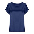 thumbnail image 5 of JWZUY Women's Elegant Round Neck Classic Short Sleeve Satin Silk Blouse Tops Navy M, 5 of 5