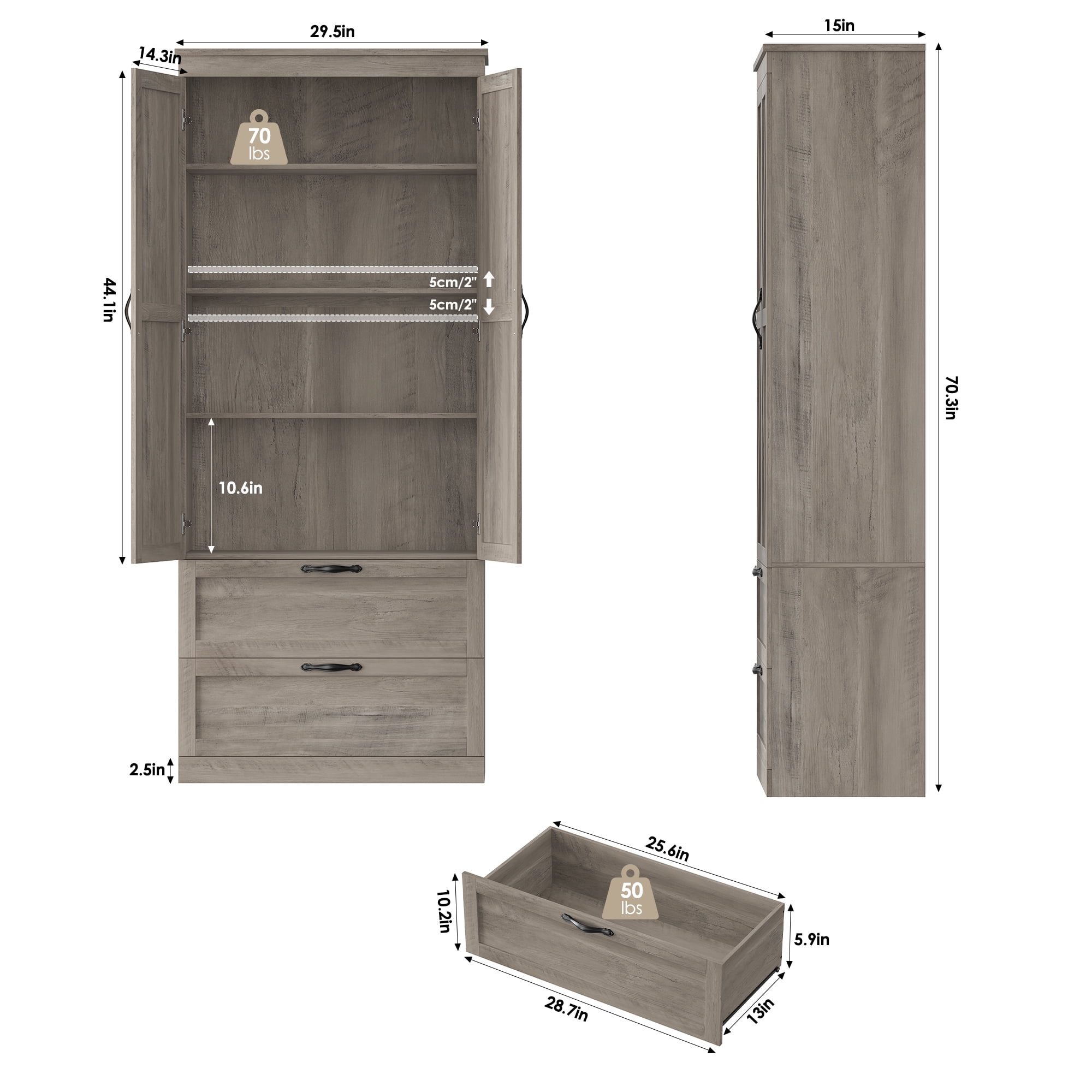 Homfa 70.3"H Bathroom Storage Cabinet, Farmhouse Linen Storage Cabinet with 2 Drawers, Wash Gray