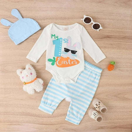 

Simplmasygenix Baby Sets Clearance Summer Dress Easter Baby Girls Boys Long Sleeve Round-Neck Jumpsuit+Striped Trousers+Hat Three-piece Set