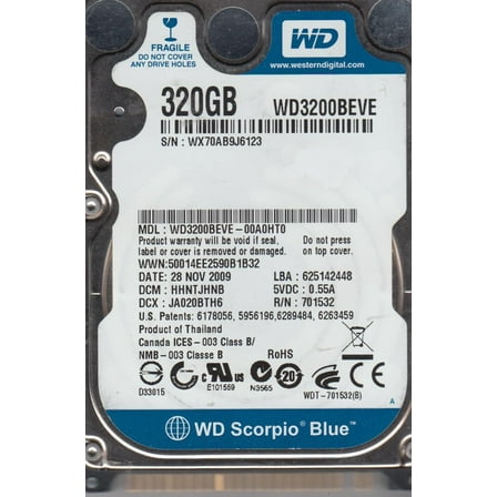 WD3200BEVE-00A0HT0, DCM HHNTJHNB, Western Digital 320GB IDE 2.5 Hard Drive