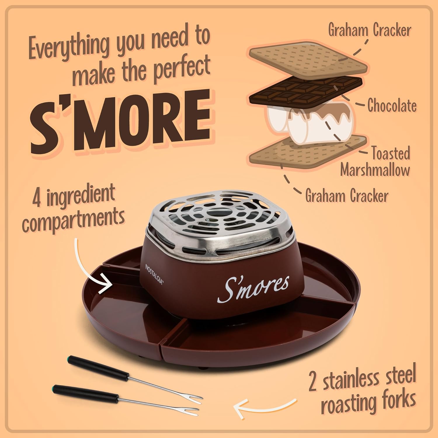 Nostalgia Indoor Electric Smores Maker Smores Kit with 4 Marshmallows Roasting Forks, Brown - image 4 of 6