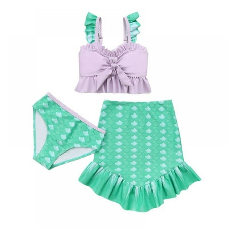 Xmarks Baby Girl s 3 Piece Swimsuits Mermaid Print Bikini Bathing Suit with Cover Up Dress Green 5-6Y