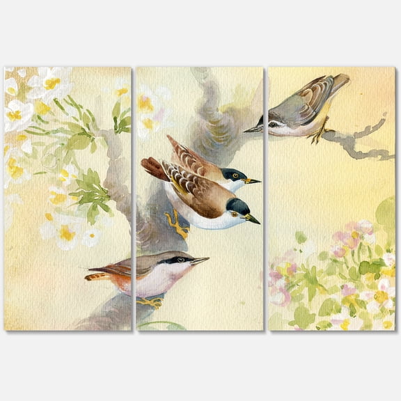 Designart ' Birds Sitting On A Blossoming Apple Tree ' Traditional Canvas Wall Art Print