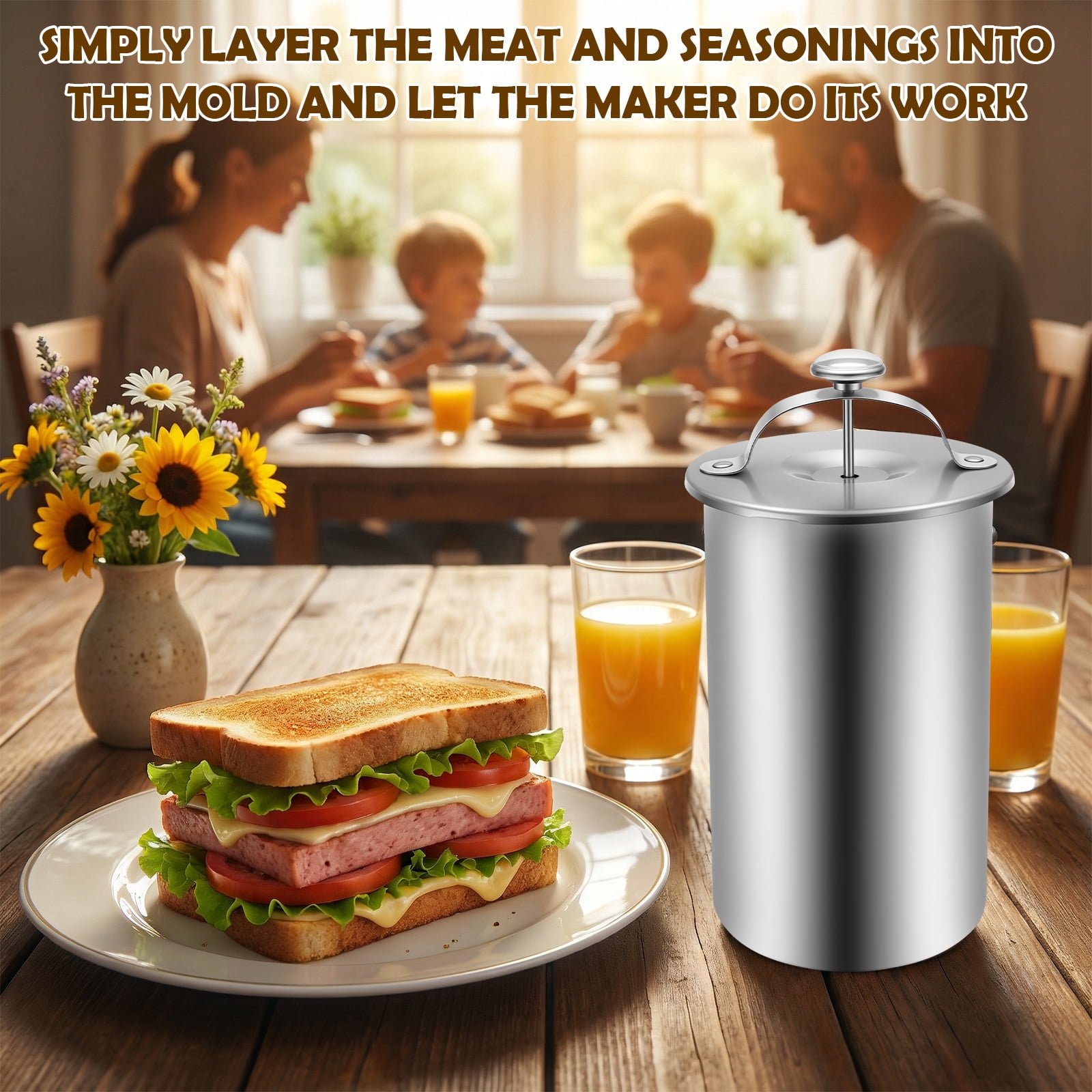 Stainless Steel Meat Press with Thermometer Spring Durable Mechanism Meat Press Mold for Homemade Ham Maker for Healthy Home Cooking Beginner Friendly Silver