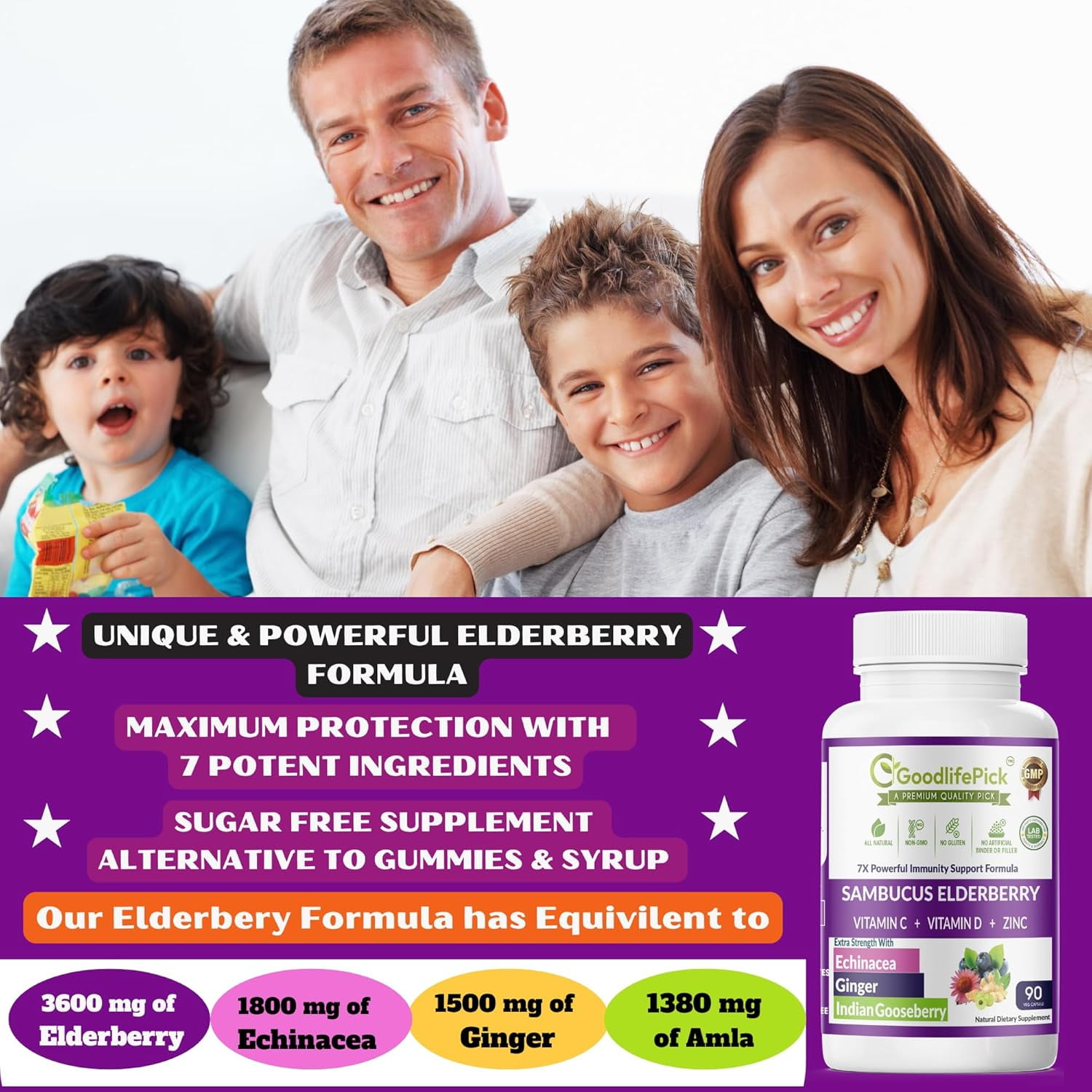 GoodlifePick Elderberry Supplement with Zinc, Vitamin C & D, Immune Support, Antioxidant, 90 Capsules