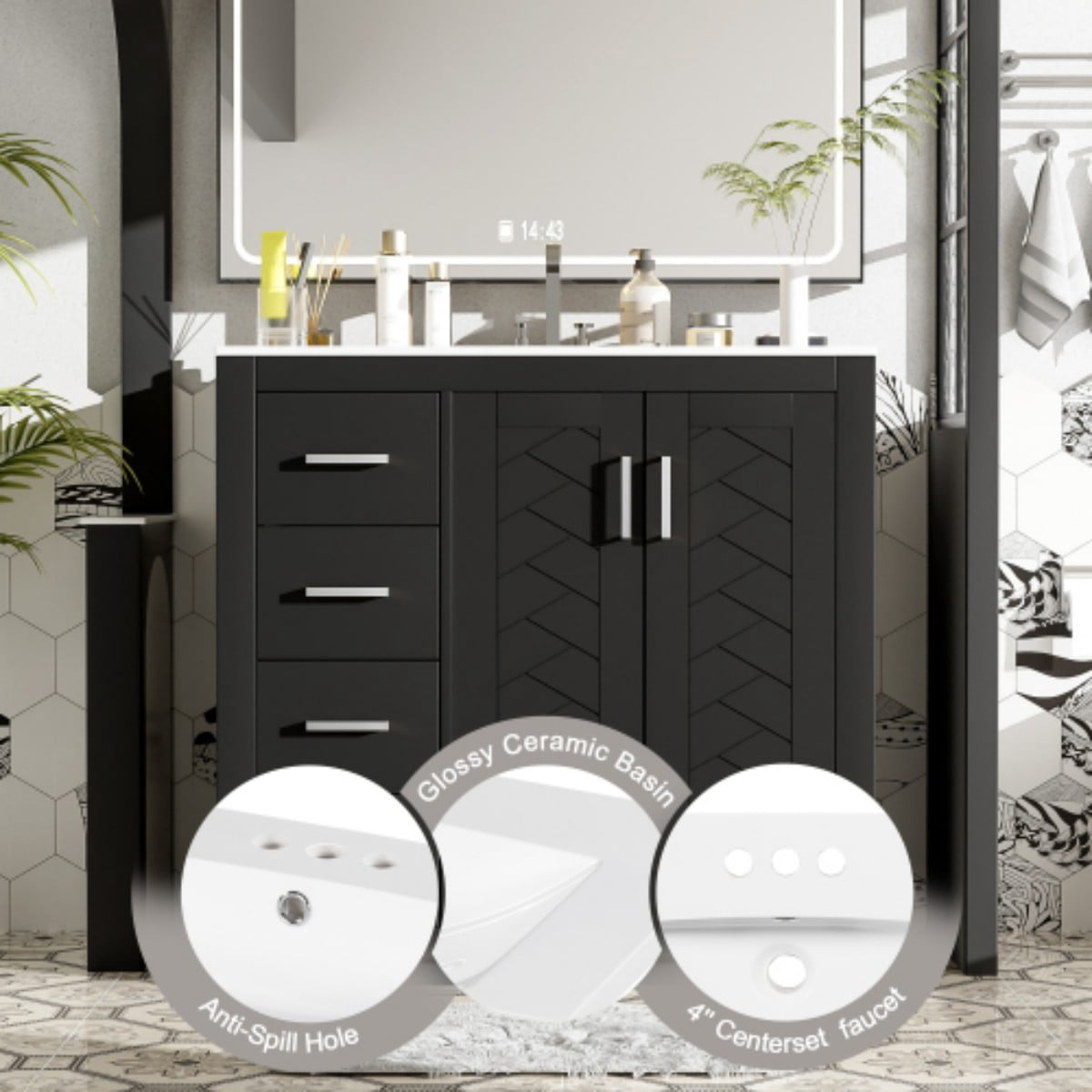 36" Bathroom Vanity with Sink, Freestanding Bathroom Vanity Cabinet with Ceramic Sink, Solid Wood Frame, 3 Drawers & Soft Close Doors, Modern Storage Cabinet, Black