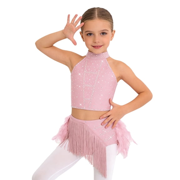 Hansber Kids Girls Latin Jazz Dance 2 Piece Outfit Rhinestone Crop Top and Tassel Feather Skirted Briefs Pink 12