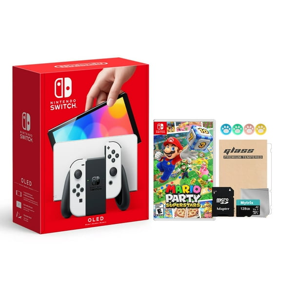 Switch OLED Model White 64GB Console HD Screen & LAN-Port Dock with Mario Party Superstars Game, Mytrix 128GB SD Card, Screen Protector and Joy-Stick Caps Best Holiday Gift