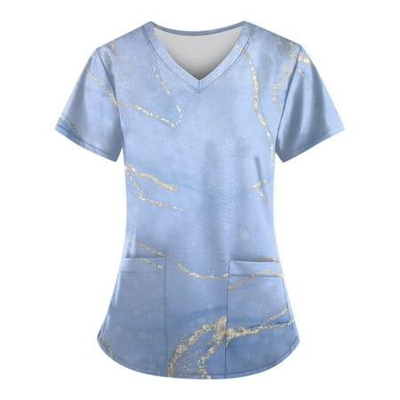 

Women Scrubs Top Short Sleeve V-Neck Printed Working Tshirts Tee Tops With Pockets Uniform Nurses Clothing Workwear