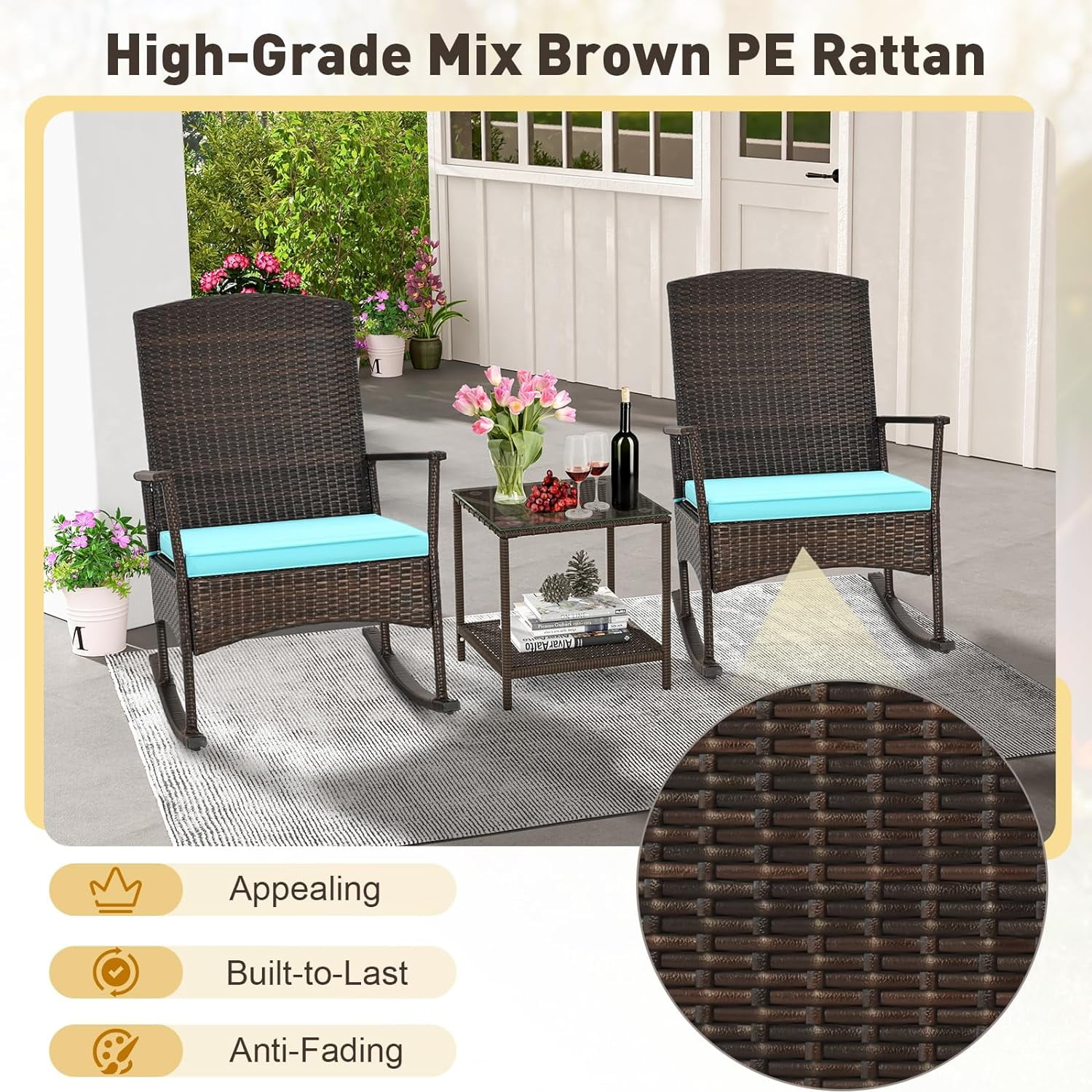 3 Pcs Outdoor Patio Wicker Bistro Furniture Set Rocking Chairs Sets w/ 2 Cushion, Glass Coffee Table, Turquoise