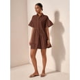 thumbnail image 5 of Brown Solid Front Button Ruffle Hem Short Sleeve Shirt Dress For Women, 5 of 7