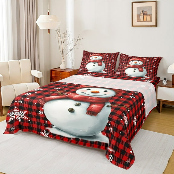 Manfei Winter Cute Snowman Twin Sheet Sets, Merry Christmas Twin Fitted Sheet, Teens Boys Girls Kids Flat Sheet, Luxury Bedroom Decor, 3 Pieces