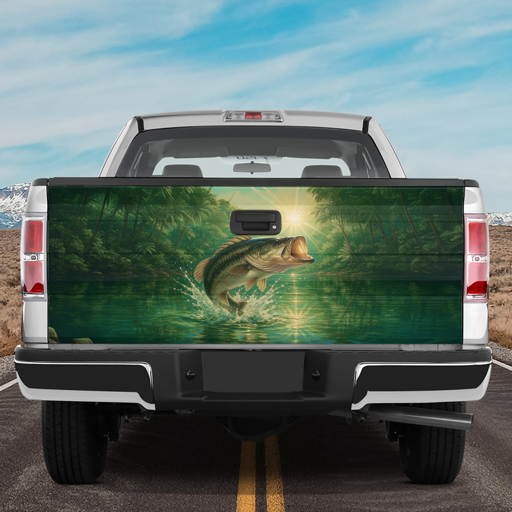 Bass Jumping Out Of Water Fishing Truck Tailgate Wrap Vinyl Decal - 26"x66" Universal Fit