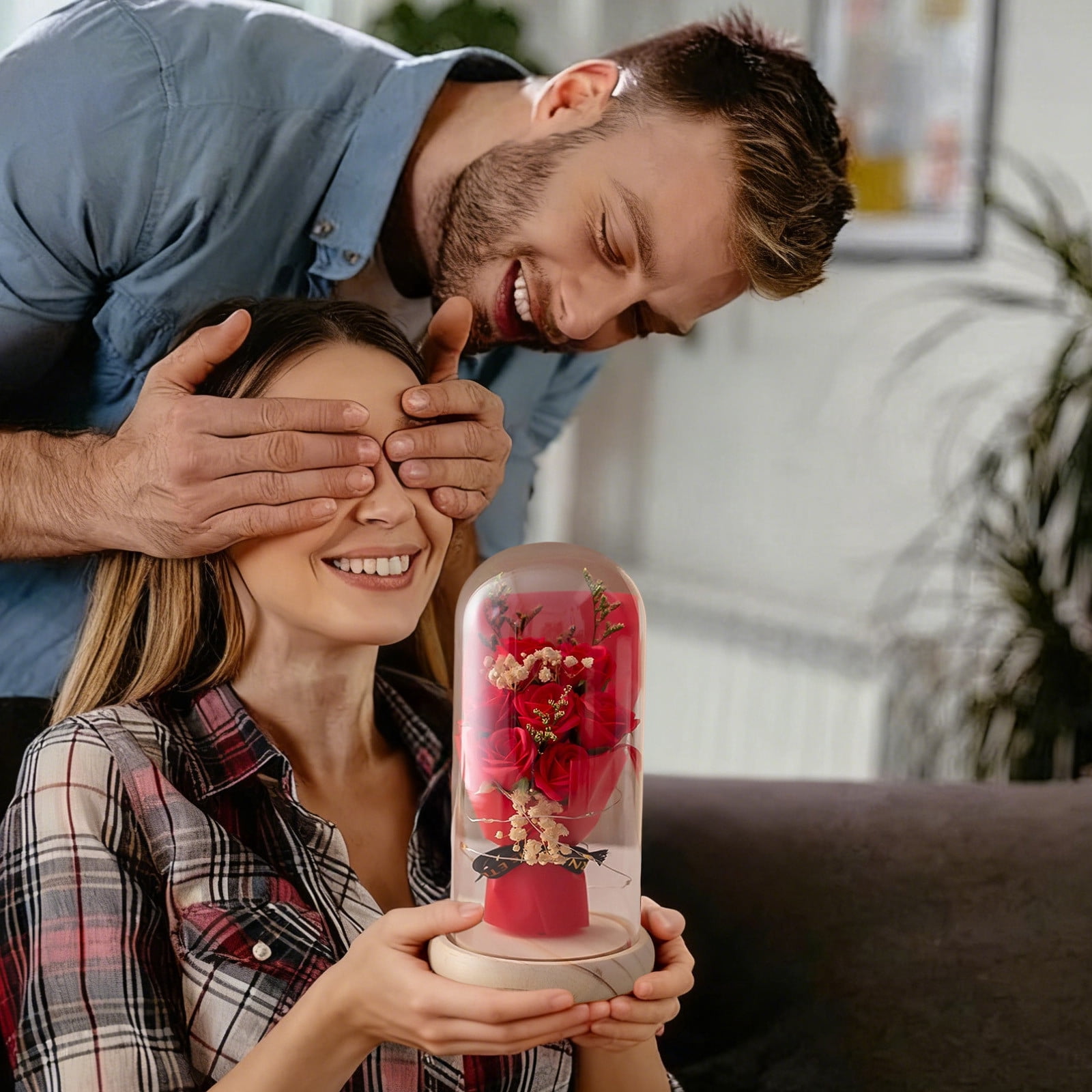 Ovzne Preserved Rose Bouquet – Artificial Pink Floral Gift With String Lights For Valentine’S Anniversaries