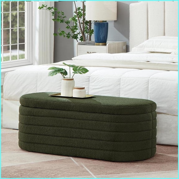 Oval Storage Ottoman Bench with Teddy Fabric, No Assembly | Dark Green | Storage