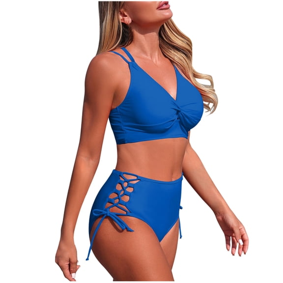 High Waisted Bikini Sets Women Cross Back Twist Swimsuits Two Piece Side Cutout Drawstring Bathing Suits (XL, Blue)