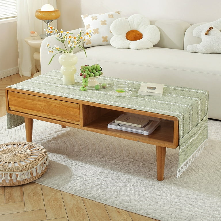 WCHUANG Coffee Table Cloth Table Cover with Pockets and Tassel Cotton Linen Rectangle Tablecloths Washer Dryer Fridge Top Dust Cover