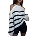 thumbnail image 2 of Pullover Knit Sweaters for Women Loose Fit Striped Long Sleeve Casual Fall Fashion Tops Sex-Y Cold Shoulder White One size, 2 of 9