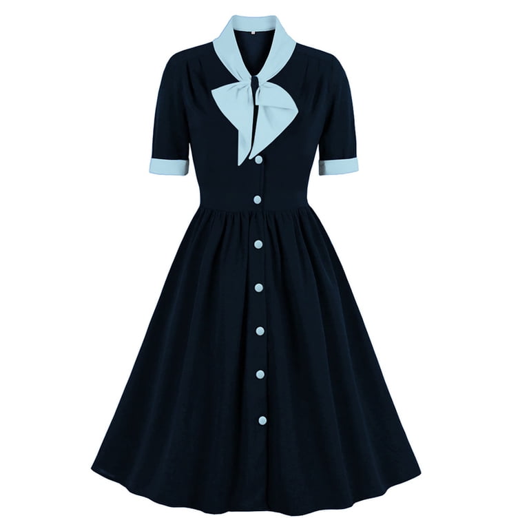 Vintage Tea Party Dress for Women Elegant 50s Bowknot Collar Buttons Short Sleeve Retro Swing Cocktail Midi Dress (Large, Navy) Vintage Tea Party Dress for Women Elegant 50s Bowknot Collar Buttons Short Sleeve Retro Swing Cocktail Midi Dress (Large, Navy)