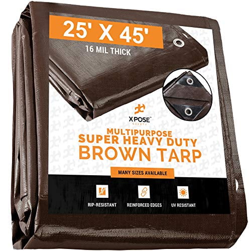 25' x 45' Super Heavy Duty 16 Mil Brown Poly Tarp Cover - Thick 