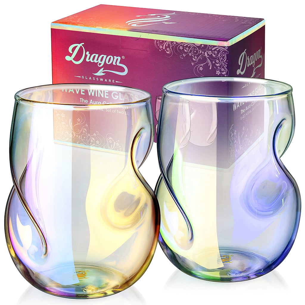 Dragon Glassware Stemless Wine Glasses, Iridescent Glass with Finger