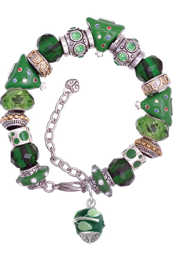Silvertone Lime Leaves on Green Band Spinner Green Christmas Bead Bracelet