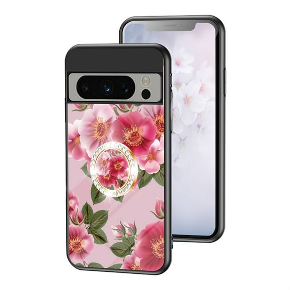 SaniMore for Google Pixel 8 Pro Case, 31 Diamonds Glass Vehicle Magnetic Support Flexible TPU Flower Pattern Cover with 360° Rotatable Ring Kickstand Shockproof Protective Shell, Red Flower