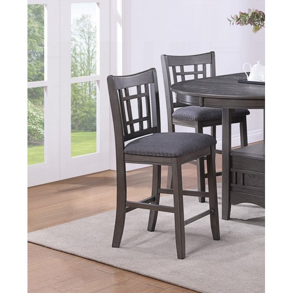 Set of 2pcs High Chairs - Gray Solid Wood Dining Chairs with Cushioned Open Square Design Back