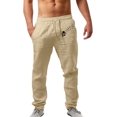 thumbnail image 1 of Pantalones casuales de lino para hombre, color liso, estampado de árbol, ligeros, sueltos, elásticos, con cordón, para verano, playa, yoga 078-caqui XL 078-caqui XL Xishao ropa, 1 of 2
