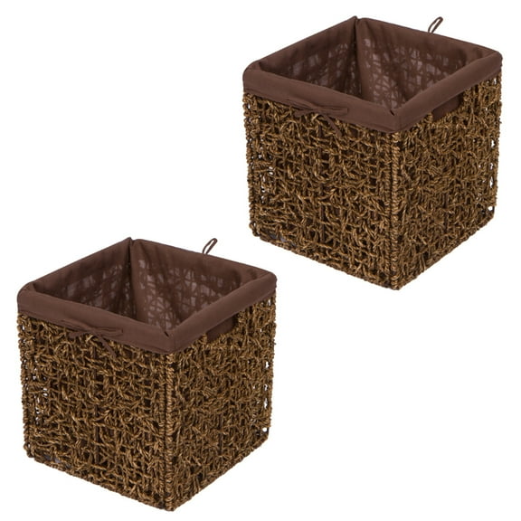 10.6" Foldable Seagrass Storage Basket with Liner and Iron Wire Frame by Trademark Innovations (Set of 2)