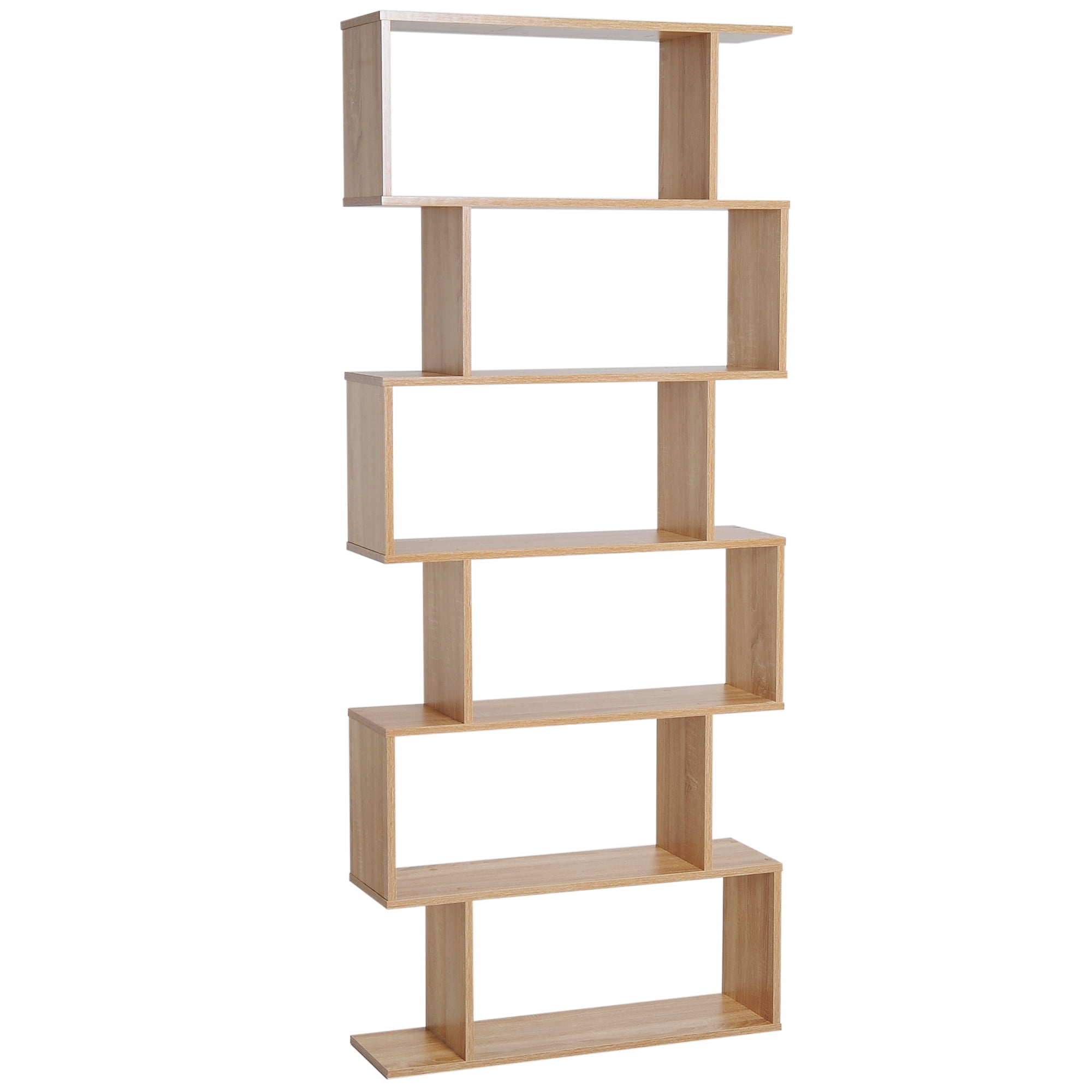 75.5" H Bookcase 6 Shelf SShaped Bookshelf Wooden Storage